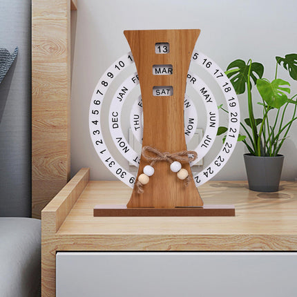 Wooden Perpetual Calendar with Rotating Discs – Elegant Desk Decor for Home & Office, Date Day Month Display (Natural Wood).