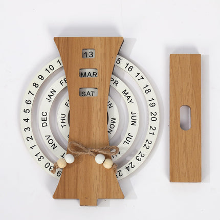Wooden Perpetual Calendar with Rotating Discs – Elegant Desk Decor for Home & Office, Date Day Month Display (Natural Wood).