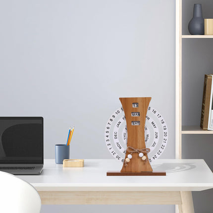 Wooden Perpetual Calendar with Rotating Discs – Elegant Desk Decor for Home & Office, Date Day Month Display (Natural Wood).