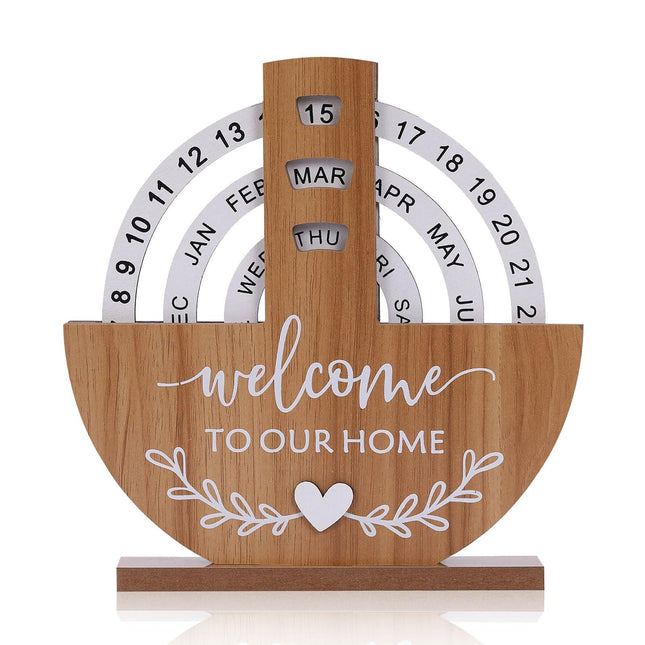 Wooden Perpetual Calendar with "Welcome to Our Home" Design – Rotating Desk Decor for Office & Living Space (Natural Wood).