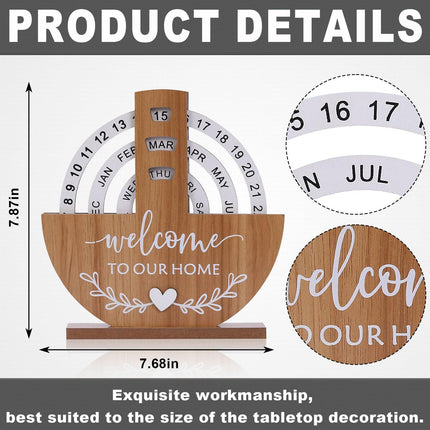 Wooden Perpetual Calendar with "Welcome to Our Home" Design – Rotating Desk Decor for Office & Living Space (Natural Wood).