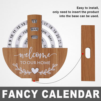 Wooden Perpetual Calendar with "Welcome to Our Home" Design – Rotating Desk Decor for Office & Living Space (Natural Wood).