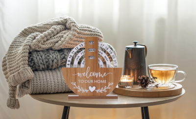 Wooden Perpetual Calendar with "Welcome to Our Home" Design – Rotating Desk Decor for Office & Living Space (Natural Wood).
