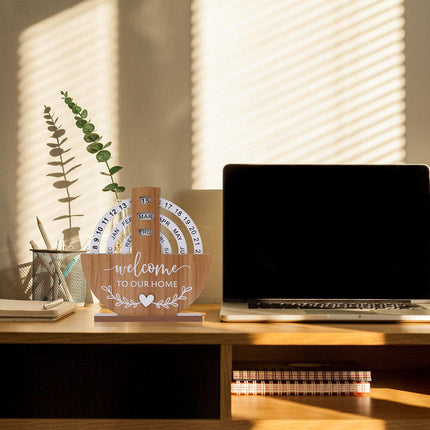 Wooden Perpetual Calendar with "Welcome to Our Home" Design – Rotating Desk Decor for Office & Living Space (Natural Wood).