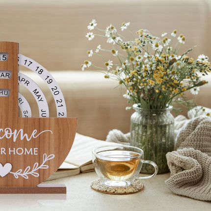 Wooden Perpetual Calendar with "Welcome to Our Home" Design – Rotating Desk Decor for Office & Living Space (Natural Wood).