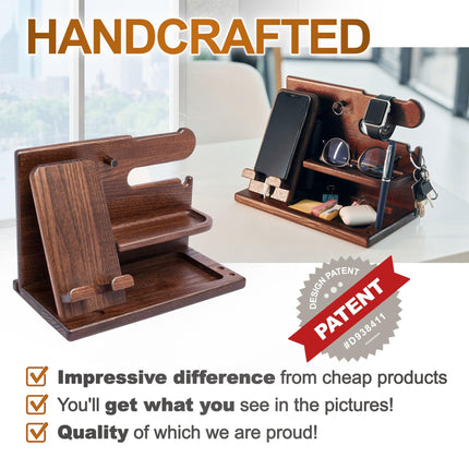Wooden Desk Organizer for Men – Multi-Function Phone Stand, Watch & Glasses Holder, Key & Wallet Tray (Vintage Brown).