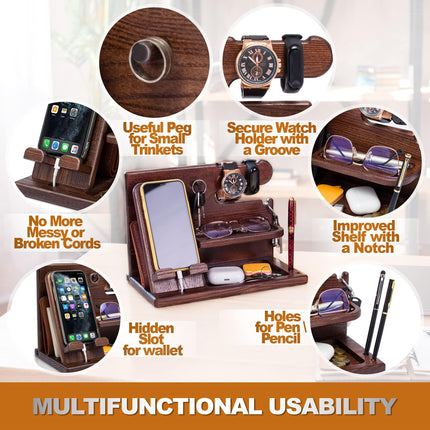 Wooden Desk Organizer for Men – Multi-Function Phone Stand, Watch & Glasses Holder, Key & Wallet Tray (Vintage Brown).