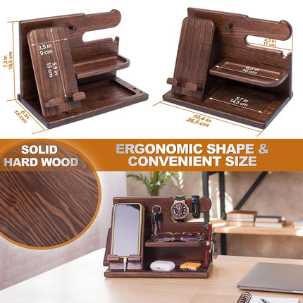 Wooden Desk Organizer for Men – Multi-Function Phone Stand, Watch & Glasses Holder, Key & Wallet Tray (Vintage Brown).