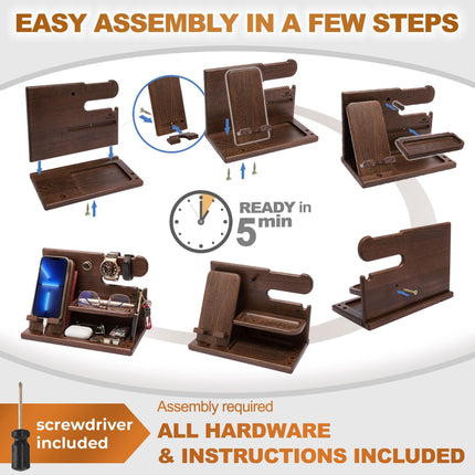 Wooden Desk Organizer for Men – Multi-Function Phone Stand, Watch & Glasses Holder, Key & Wallet Tray (Vintage Brown).