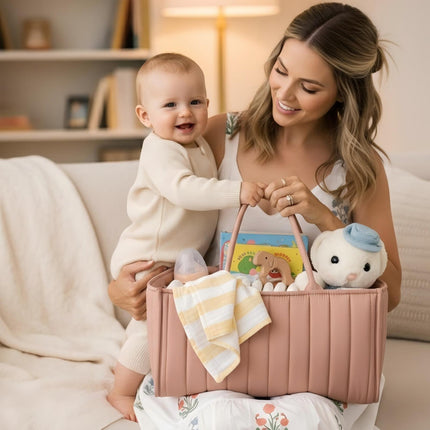 Large Baby Diaper Caddy Organizer – Stylish Storage Basket for Nursery, Changing Table & Travel – Portable Urn for Diapers, Wipes, Toys & Essentials (Pink).