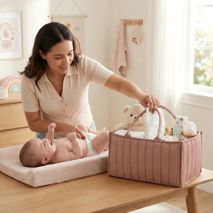 Large Baby Diaper Caddy Organizer – Stylish Storage Basket for Nursery, Changing Table & Travel – Portable Urn for Diapers, Wipes, Toys & Essentials (Pink).