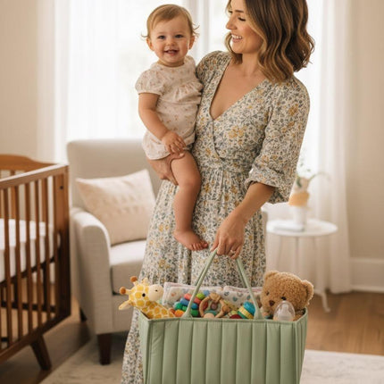 Large Baby Diaper Caddy Organizer – Stylish Storage Basket for Nursery, Changing Table & Travel – Portable Urn for Diapers, Wipes, Toys & Essentials (Green).