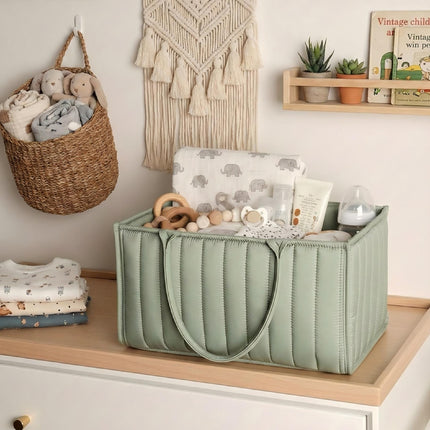 Large Baby Diaper Caddy Organizer – Stylish Storage Basket for Nursery, Changing Table & Travel – Portable Urn for Diapers, Wipes, Toys & Essentials (Green).