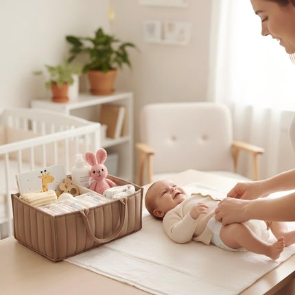 Large Baby Diaper Caddy Organizer – Stylish Storage Basket for Nursery, Changing Table & Travel – Portable Urn for Diapers, Wipes, Toys & Essentials (Brown).
