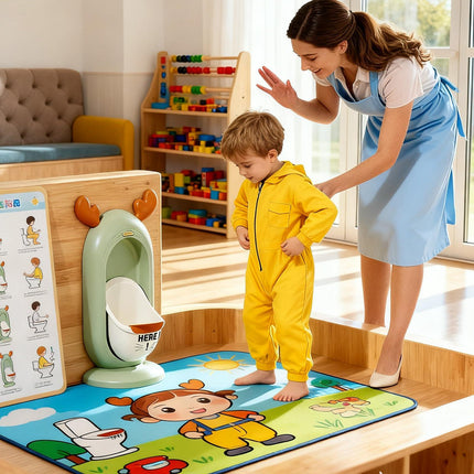 Wall-Mounted Kids Urinal for Boys – Adjustable Height Training Potty with Cute Cartoon Design, Anti-Splash, Easy to Clean, Portable Toilet for Home, Nursery, Travel (Green).