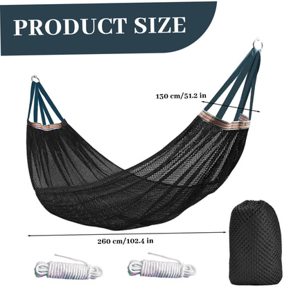 Outdoor Nylon Hammock with Tree Straps – Portable Mesh Hanging Bed for Camping, Beach, Garden, Lightweight & Durable Swing Chair (Black).