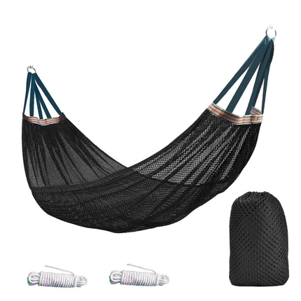 Outdoor Nylon Hammock with Tree Straps – Portable Mesh Hanging Bed for Camping, Beach, Garden, Lightweight & Durable Swing Chair (Black).