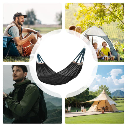 Outdoor Nylon Hammock with Tree Straps – Portable Mesh Hanging Bed for Camping, Beach, Garden, Lightweight & Durable Swing Chair (Black).