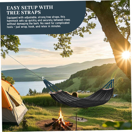 Outdoor Nylon Hammock with Tree Straps – Portable Mesh Hanging Bed for Camping, Beach, Garden, Lightweight & Durable Swing Chair (Black).