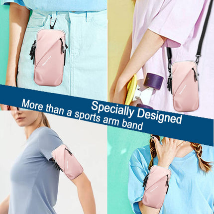 Universal Running Phone Arm Band – Waterproof, Dual Pocket, Adjustable Strap, Breathable Mesh, Fits Phones Up to 6.7 Inches, Crossbody & Waist Clip (Pink).