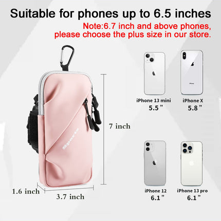 Universal Running Phone Arm Band – Waterproof, Dual Pocket, Adjustable Strap, Breathable Mesh, Fits Phones Up to 6.7 Inches, Crossbody & Waist Clip (Pink).