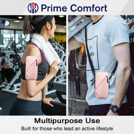 Universal Running Phone Arm Band – Waterproof, Dual Pocket, Adjustable Strap, Breathable Mesh, Fits Phones Up to 6.7 Inches, Crossbody & Waist Clip (Pink).