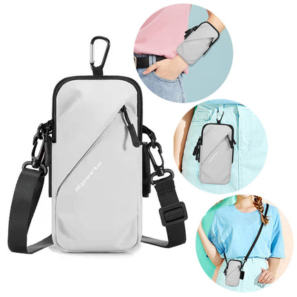 Universal Running Phone Arm Band – Waterproof, Dual Pocket, Adjustable Strap, Breathable Mesh, Fits Phones Up to 6.7 Inches, Crossbody & Waist Clip (Grey).