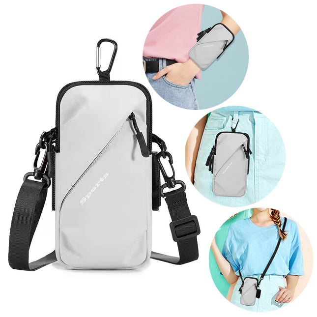 Universal Running Phone Arm Band – Waterproof, Dual Pocket, Adjustable Strap, Breathable Mesh, Fits Phones Up to 6.7 Inches, Crossbody & Waist Clip (Grey).