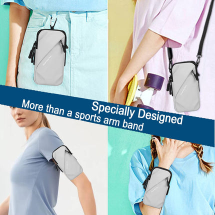 Universal Running Phone Arm Band – Waterproof, Dual Pocket, Adjustable Strap, Breathable Mesh, Fits Phones Up to 6.7 Inches, Crossbody & Waist Clip (Grey).