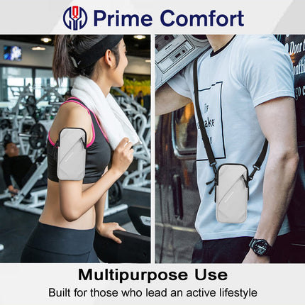 Universal Running Phone Arm Band – Waterproof, Dual Pocket, Adjustable Strap, Breathable Mesh, Fits Phones Up to 6.7 Inches, Crossbody & Waist Clip (Grey).