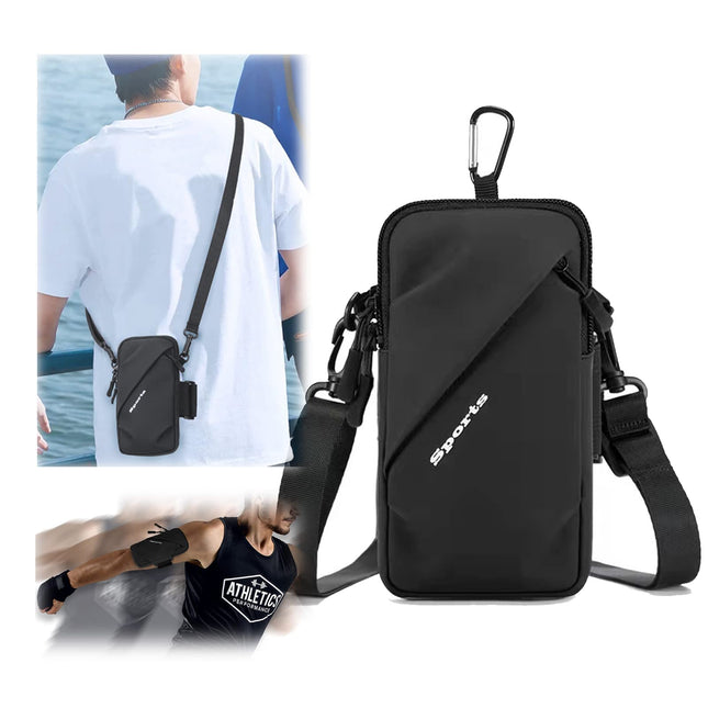 Universal Running Phone Arm Band – Waterproof, Dual Pocket, Adjustable Strap, Breathable Mesh, Fits Phones Up to 6.7 Inches, Crossbody & Waist Clip (Black).