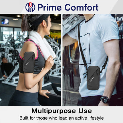 Universal Running Phone Arm Band – Waterproof, Dual Pocket, Adjustable Strap, Breathable Mesh, Fits Phones Up to 6.7 Inches, Crossbody & Waist Clip (Black).