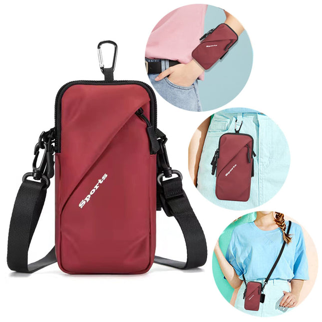 Universal Running Phone Arm Band – Waterproof, Dual Pocket, Adjustable Strap, Breathable Mesh, Fits Phones Up to 6.7 Inches, Crossbody & Waist Clip (Red).