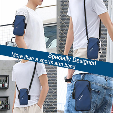 Universal Running Phone Arm Band – Waterproof, Dual Pocket, Adjustable Strap, Breathable Mesh, Fits Phones Up to 6.7 Inches, Crossbody & Waist Clip (Blue).