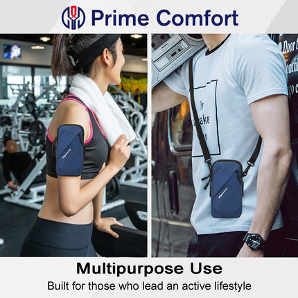 Universal Running Phone Arm Band – Waterproof, Dual Pocket, Adjustable Strap, Breathable Mesh, Fits Phones Up to 6.7 Inches, Crossbody & Waist Clip (Blue).