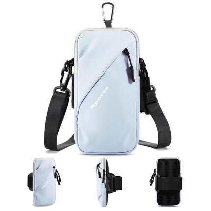 Universal Running Phone Arm Band – Waterproof, Dual Pocket, Adjustable Strap, Breathable Mesh, Fits Phones Up to 6.7 Inches, Crossbody & Waist Clip (Light Blue).