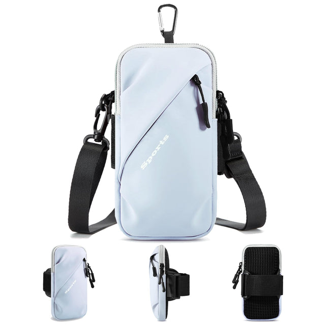 Universal Running Phone Arm Band – Waterproof, Dual Pocket, Adjustable Strap, Breathable Mesh, Fits Phones Up to 6.7 Inches, Crossbody & Waist Clip (Light Blue).