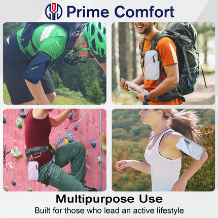 Universal Running Phone Arm Band – Waterproof, Dual Pocket, Adjustable Strap, Breathable Mesh, Fits Phones Up to 6.7 Inches, Crossbody & Waist Clip (Light Blue).
