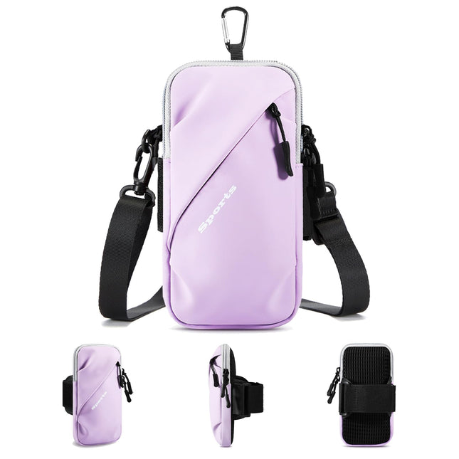 Universal Running Phone Arm Band – Waterproof, Dual Pocket, Adjustable Strap, Breathable Mesh, Fits Phones Up to 6.7 Inches, Crossbody & Waist Clip (Purple).