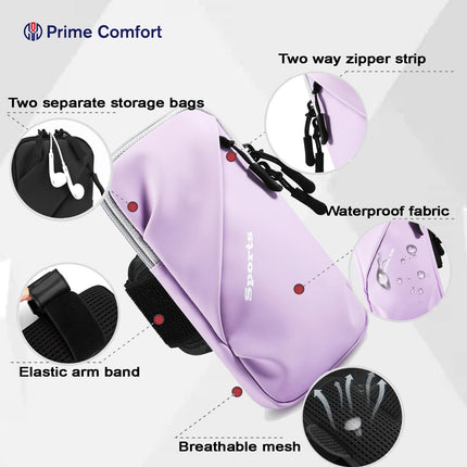Universal Running Phone Arm Band – Waterproof, Dual Pocket, Adjustable Strap, Breathable Mesh, Fits Phones Up to 6.7 Inches, Crossbody & Waist Clip (Purple).