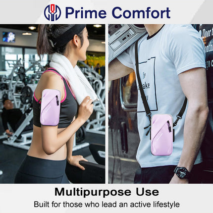Universal Running Phone Arm Band – Waterproof, Dual Pocket, Adjustable Strap, Breathable Mesh, Fits Phones Up to 6.7 Inches, Crossbody & Waist Clip (Purple).