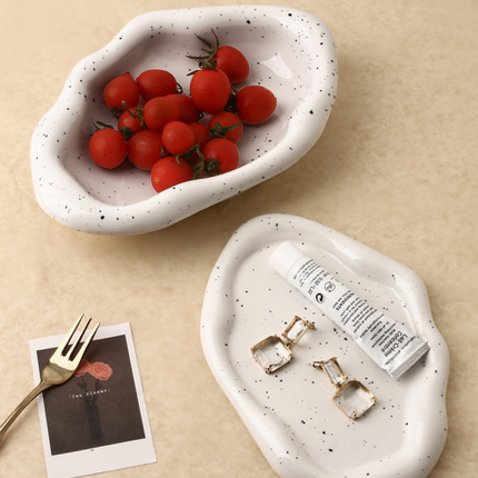 Speckled White Ceramic Tray Set (Round+Long+Irregular) – Jewelry Organizer & Fruit Dish for Home Decor | Other Styles Available in Store.