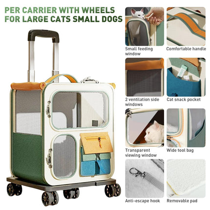 Cat Carrier with Wheels, Folding Rolling Pets Carrier on Wheel Soft Pet Handbag Cats Backpack, Dog Carriers up to 23 LBs Removable Cat Bag for Small Dogs Medium Cats Outing(Brown)