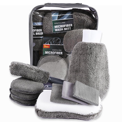 Multi-Use Car Cleaning Kit – 9-Piece Auto Detailing Set with Wash Mitt, Wheel Brush, Microfiber Cloths, Sponge, Applicator Pads, Storage Bag (Gray).