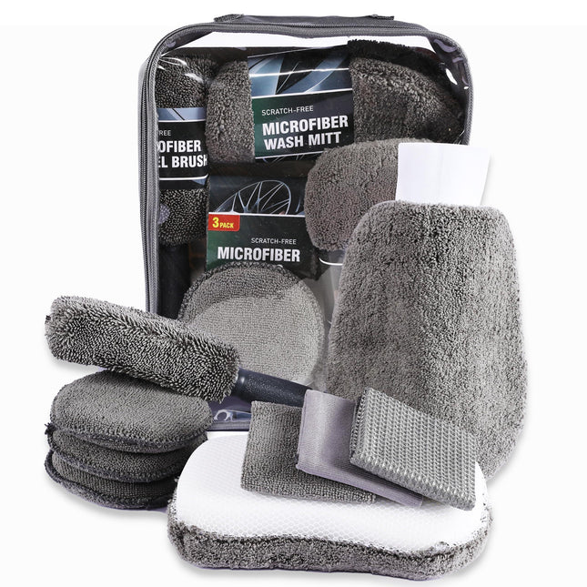 Multi-Use Car Cleaning Kit – 9-Piece Auto Detailing Set with Wash Mitt, Wheel Brush, Microfiber Cloths, Sponge, Applicator Pads, Storage Bag (Gray).