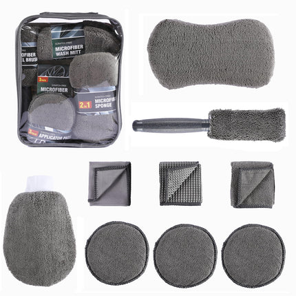 Multi-Use Car Cleaning Kit – 9-Piece Auto Detailing Set with Wash Mitt, Wheel Brush, Microfiber Cloths, Sponge, Applicator Pads, Storage Bag (Gray).