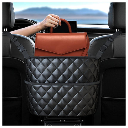 Car Seat Storage Bag: PU Leather Organizer with Hooks – Pet Barrier, Safe Driving Storage for Wallets/Phones (Black).