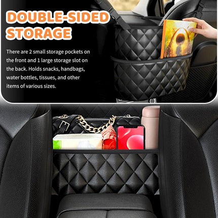 Car Seat Storage Bag: PU Leather Organizer with Hooks – Pet Barrier, Safe Driving Storage for Wallets/Phones (Black).