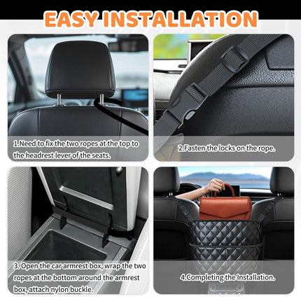Car Seat Storage Bag: PU Leather Organizer with Hooks – Pet Barrier, Safe Driving Storage for Wallets/Phones (Black).