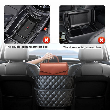 Car Seat Storage Bag: PU Leather Organizer with Hooks – Pet Barrier, Safe Driving Storage for Wallets/Phones (Black).